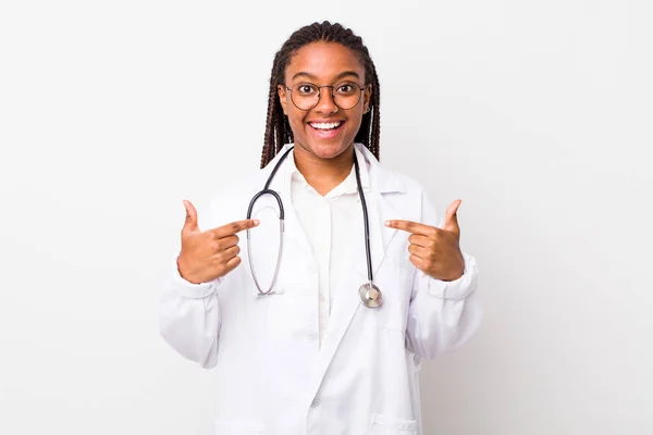 Young Adult Black Woman Feeling Happy Pointing Self Excited Physician — Stock Photo, Image