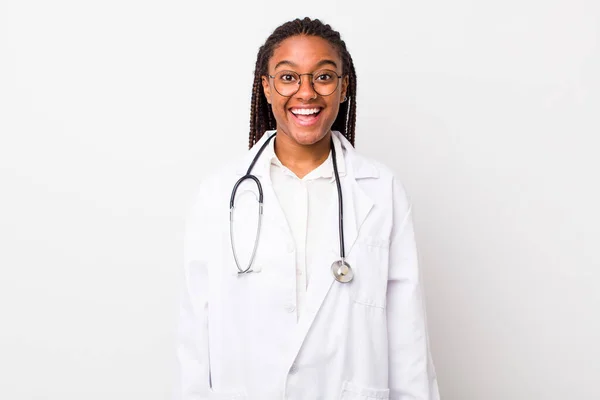 Young Adult Black Woman Looking Happy Pleasantly Surprised Physician Concept — Foto Stock