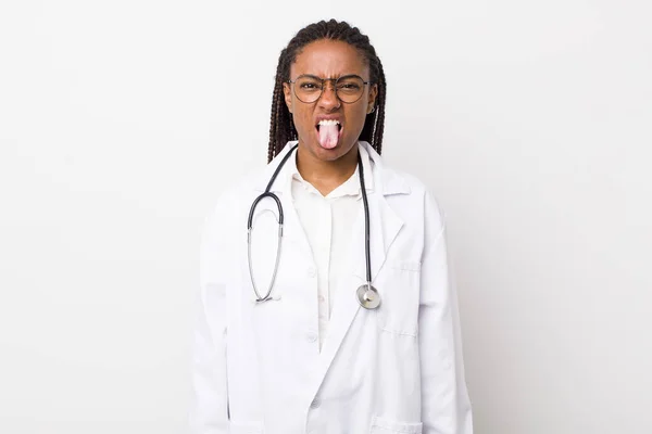 Young Adult Black Woman Feeling Disgusted Irritated Tongue Out Physician — Foto Stock