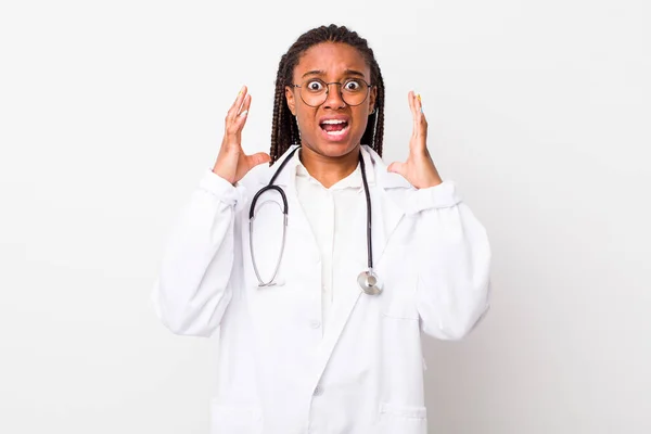 Young Adult Black Woman Screaming Hands Air Physician Concept — Foto Stock