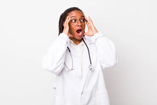 Young Adult Black Woman Feeling Happy Excited Surprised Physician Concept — Stock fotografie