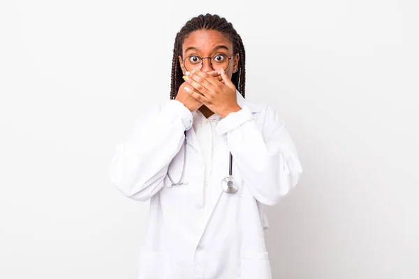 Young Adult Black Woman Covering Mouth Hands Shocked Physician Concept — Foto Stock