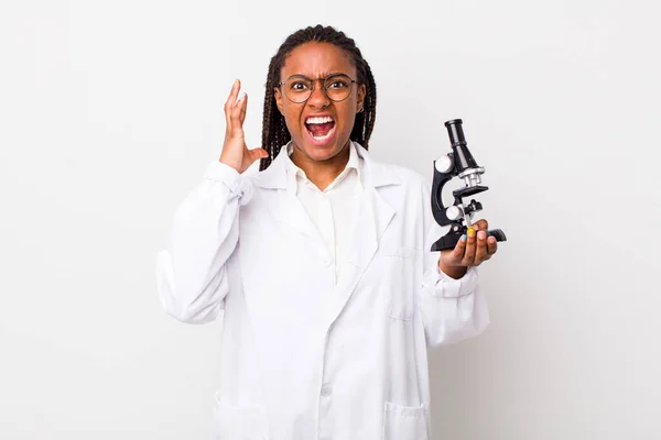 Young Adult Black Woman Screaming Hands Air Sciencist Microscope — Foto Stock