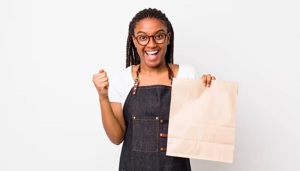 Young Adult Black Woman Feeling Shocked Laughing Celebrating Success Take —  Fotos de Stock