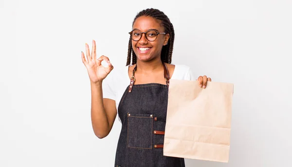 Young Adult Black Woman Feeling Happy Showing Approval Okay Gesture — Photo
