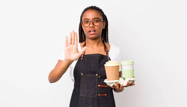 Young Adult Black Woman Looking Serious Showing Open Palm Making — 스톡 사진