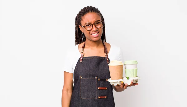 Young Adult Black Woman Feeling Puzzled Confused Take Away Coffees — Fotografia de Stock