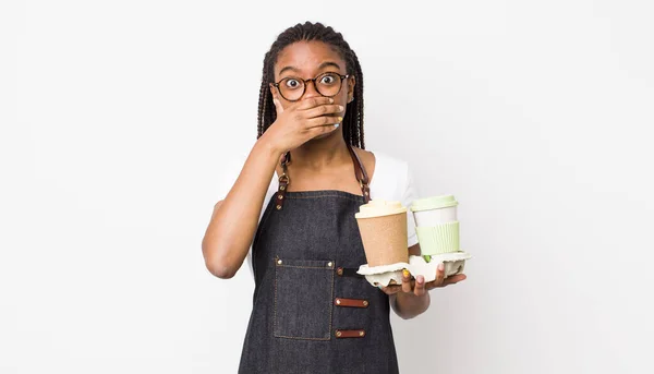 Young Adult Black Woman Covering Mouth Hands Shocked Take Away — Photo
