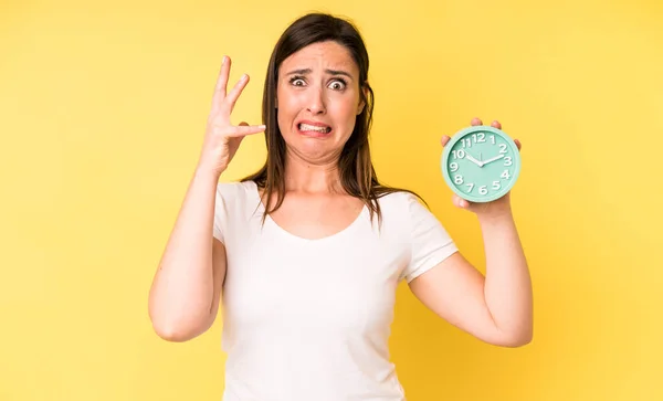Young Adult Pretty Woman Screaming Hands Air Alarm Clock Concept — Foto de Stock