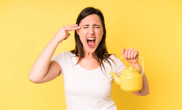 Jonge Volwassen Mooie Vrouw Die Ongelukkig Gestrest Uitziet Zelfmoordgebaar Met — Stockfoto