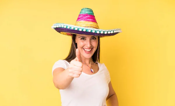 Young Adult Pretty Woman Feeling Proud Smiling Positively Thumbs Mexican — Foto de Stock