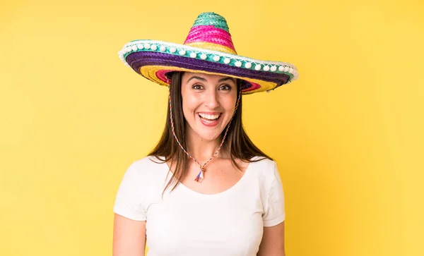 Young Adult Pretty Woman Looking Happy Pleasantly Surprised Mexican Hat — Foto de Stock