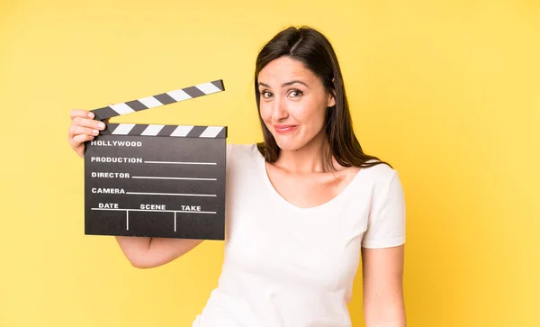 Young Adult Pretty Woman Shrugging Feeling Confused Uncertain Cinema Clapper — Stock Photo, Image