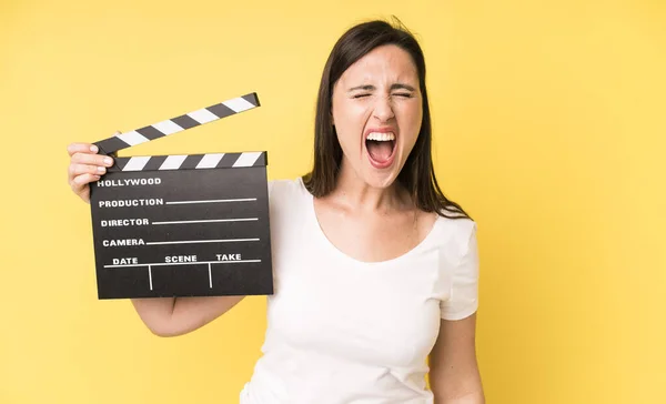 Young Adult Pretty Woman Shouting Aggressively Looking Very Angry Cinema —  Fotos de Stock