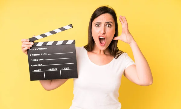 Young Adult Pretty Woman Screaming Hands Air Cinema Clapper Concept — Stockfoto