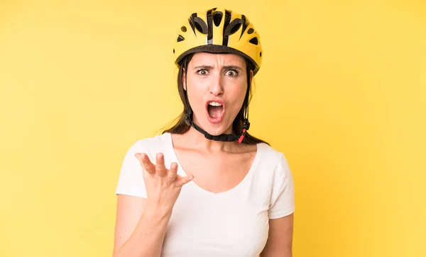 Young Adult Pretty Woman Looking Angry Annoyed Frustrated Bike Helmet — Stockfoto