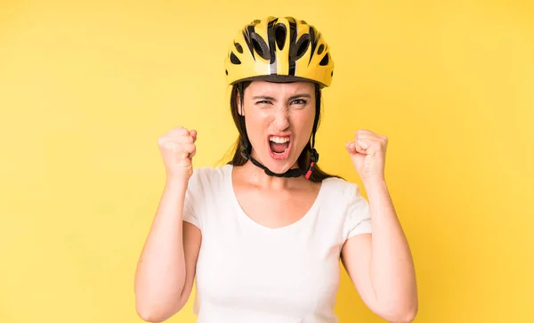 Young Adult Pretty Woman Shouting Aggressively Angry Expression Bike Helmet — Stockfoto