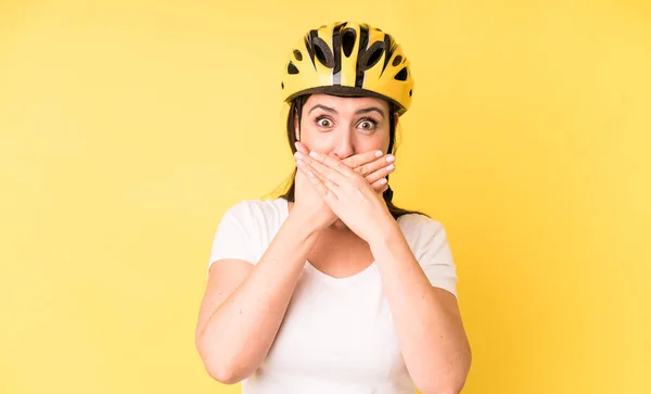 Young Adult Pretty Woman Covering Mouth Hands Shocked Bike Helmet — Stockfoto