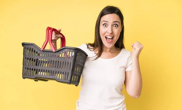 Young Adult Pretty Woman Feeling Shocked Laughing Celebrating Success Shopping — ストック写真