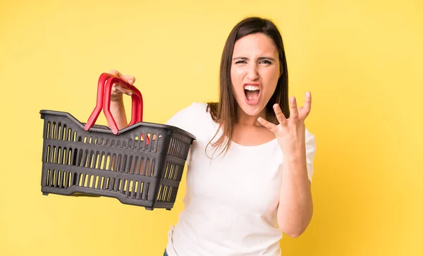 Young Adult Pretty Woman Looking Angry Annoyed Frustrated Shopping Basket — ストック写真