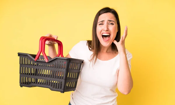 Young Adult Pretty Woman Looking Desperate Frustrated Stressed Shopping Basket — 스톡 사진