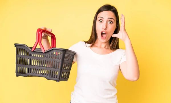 Young Adult Pretty Woman Screaming Hands Air Shopping Basket Concept — 스톡 사진