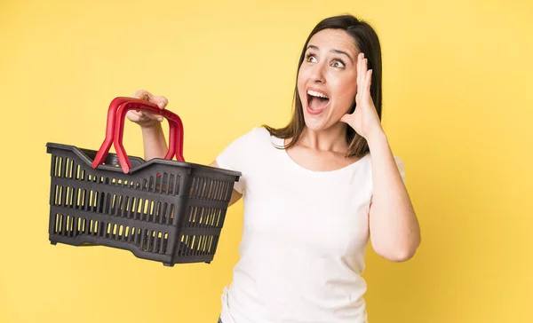 Young Adult Pretty Woman Feeling Happy Excited Surprised Shopping Basket —  Fotos de Stock