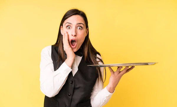 Young Adult Pretty Woman Feeling Shocked Scared Waiter Tray Concept — Stock Photo, Image