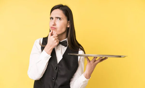 Young Adult Pretty Woman Thinking Feeling Doubtful Confused Waiter Tray — Stock Photo, Image