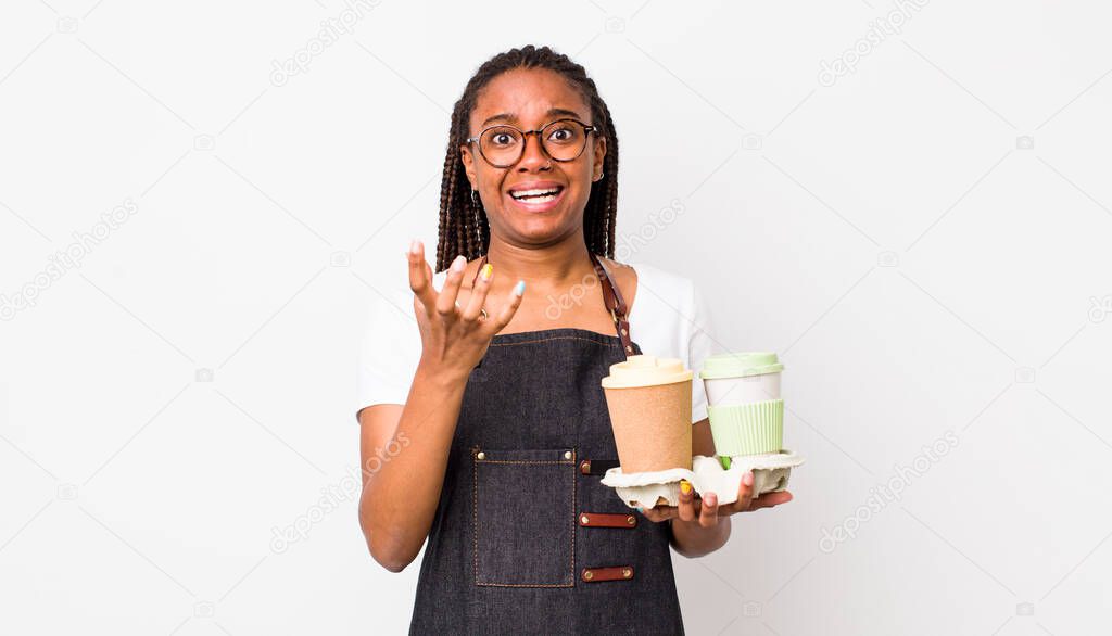 young adult black woman looking desperate, frustrated and stressed. take away coffees concept