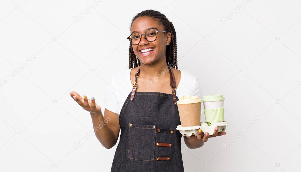 young adult black woman feeling happy, surprised realizing a solution or idea. take away coffees concept