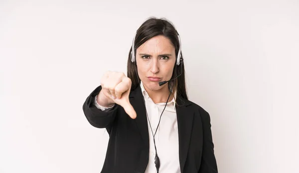 Young Adult Pretty Woman Feeling Cross Showing Thumbs Telemarketer Concept — Stock Photo, Image