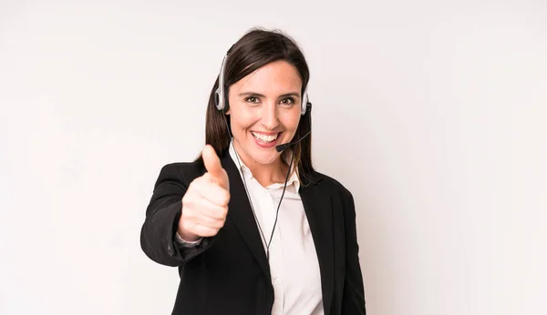 Young Adult Pretty Woman Feeling Proud Smiling Positively Thumbs Telemarketer — Foto de Stock