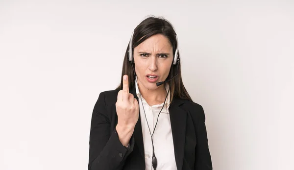 Young Adult Pretty Woman Feeling Angry Annoyed Rebellious Aggressive Telemarketer — Stockfoto