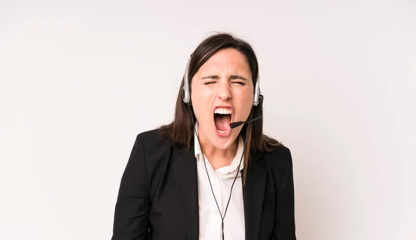 Young Adult Pretty Woman Shouting Aggressively Looking Very Angry Telemarketer — Stock Photo, Image