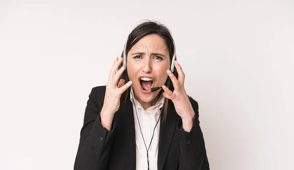 Young Adult Pretty Woman Looking Desperate Frustrated Stressed Telemarketer Concept — Stock Photo, Image