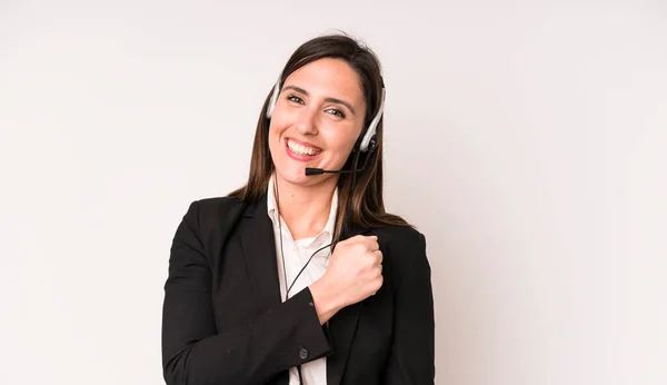 Young Adult Pretty Woman Feeling Happy Facing Challenge Celebrating Telemarketer — Stockfoto