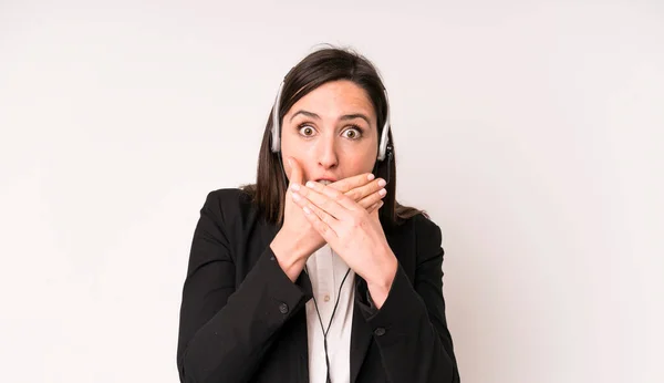 Young Adult Pretty Woman Covering Mouth Hands Shocked Telemarketer Concept — Stock Photo, Image
