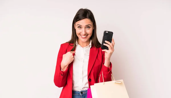Young Adult Pretty Woman Feeling Happy Pointing Self Excited Shopping — Foto de Stock