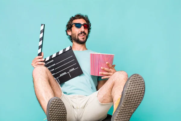 Young Adult Hispanic Crazy Man Cinema Clapper Pop Corns Movie — Stock Photo, Image