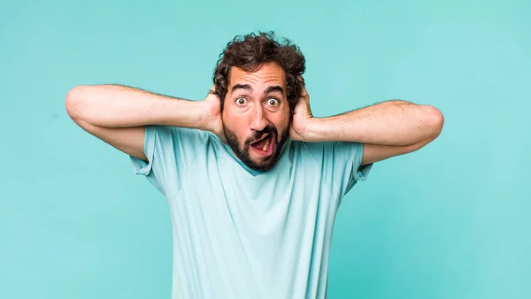 Young Adult Hispanic Crazy Man Expressing Emotion Copy Space — Stock Photo, Image