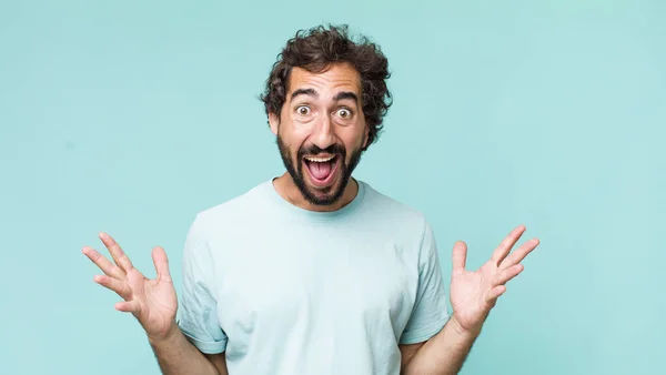 Young Adult Hispanic Crazy Man Expressing Emotion Copy Space — Stock Photo, Image