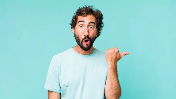 Young Adult Hispanic Crazy Man Expressing Emotion Copy Space — Stock Photo, Image
