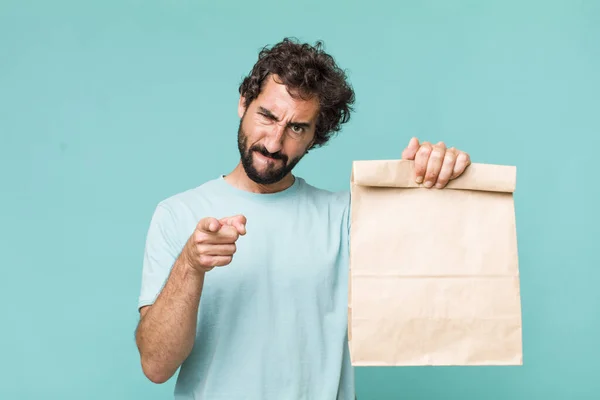 Giovane Uomo Pazzo Ispanico Adulto Concetto Consegna Asporto — Foto Stock