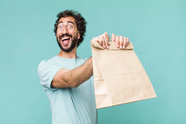 Young Adult Hispanic Crazy Man Delivery Take Away Concept — Stock Photo, Image
