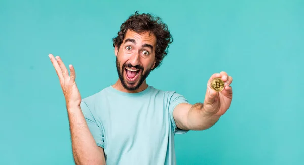 Young Adult Hispanic Crazy Man Bitcoin Coin — Stock Photo, Image