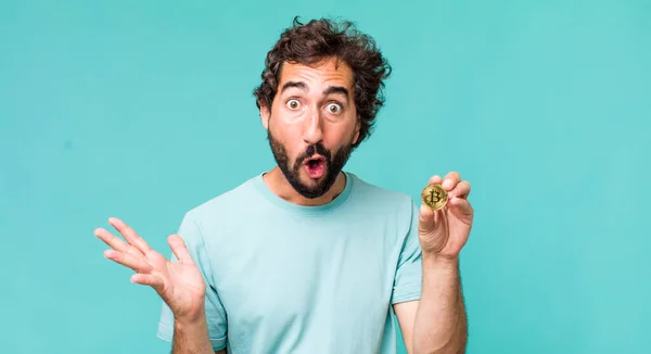 Young Adult Hispanic Crazy Man Bitcoin Coin — Stock Photo, Image