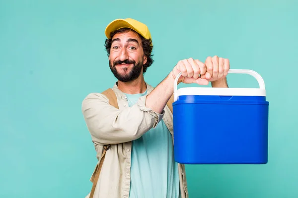 Young Adult Hispanic Crazy Man Camping Picnic Concept — Stock Photo, Image