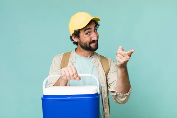 Young Adult Hispanic Crazy Man Camping Picnic Concept — Stock Photo, Image