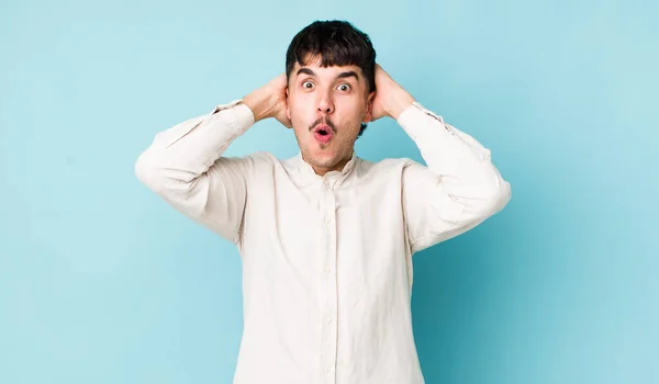 Young Adult Hispanic Man Looking Excited Surprised Open Mouthed Both — Stock Photo, Image